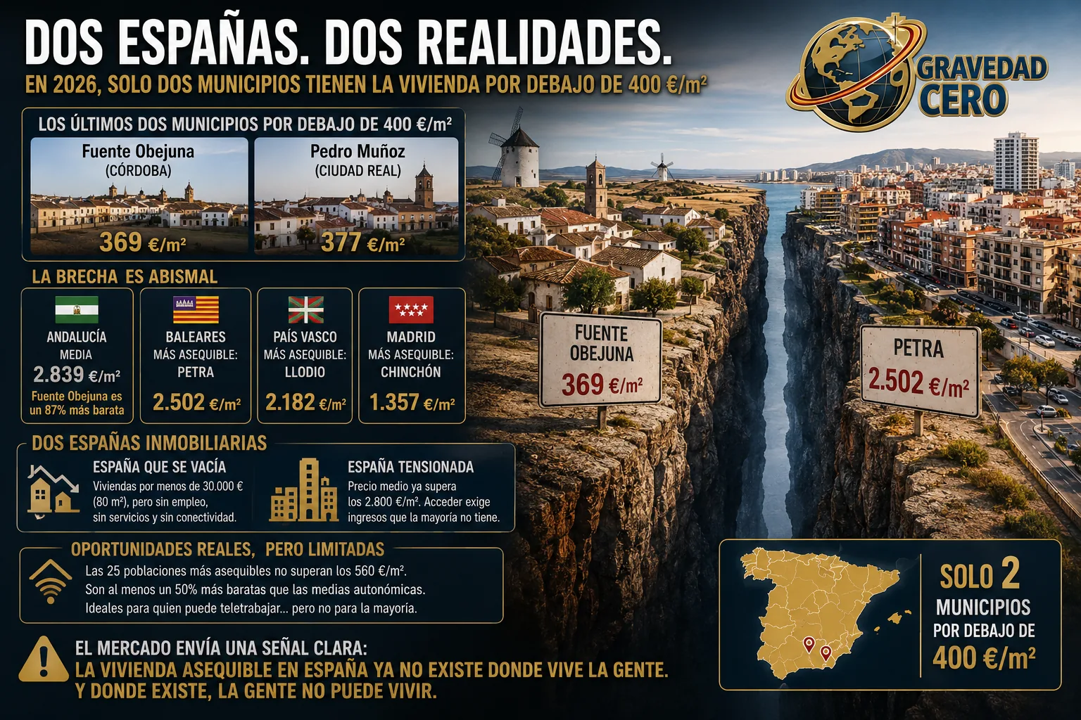 Dos Españas inmobiliarias: solo dos municipios por debajo de 400 €/m²