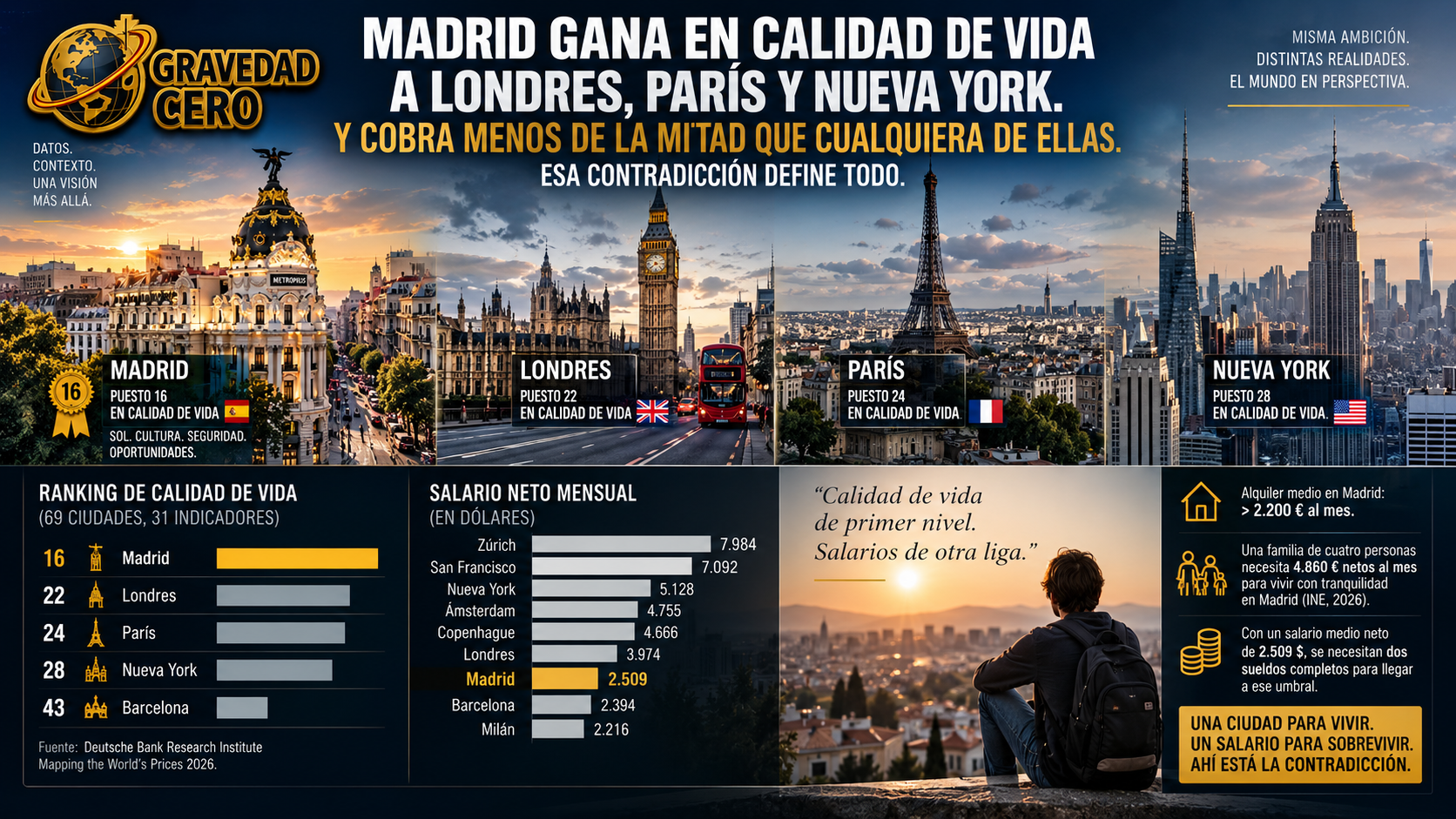 Madrid gana en calidad de vida a Londres, París y Nueva York. Y cobra menos de la mitad que cualquiera de ellas. Esa contradicción define todo