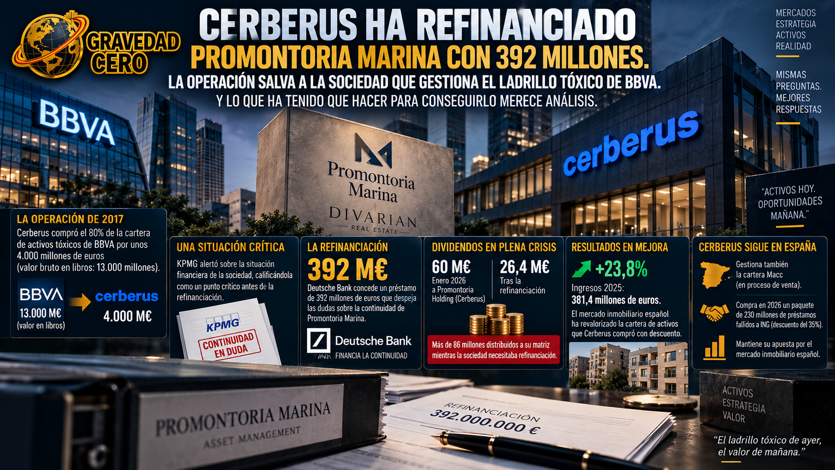 Cerberus ha refinanciado Promontoria Marina con 392 millones. La operación salva a la sociedad que gestiona el ladrillo tóxico de BBVA. Y lo que ha tenido que hacer para conseguirlo merece análisis