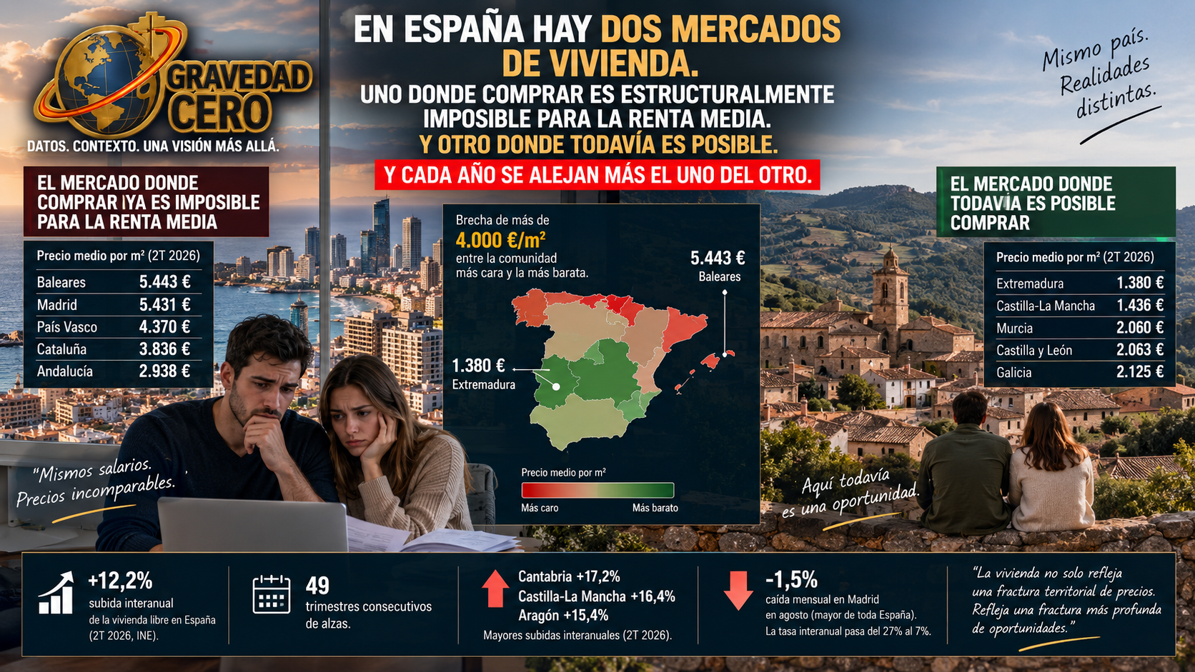 En España hay dos mercados de vivienda. Uno donde comprar es estructuralmente imposible para la renta media. Y otro donde todavía es posible. Y cada año se alejan más el uno del otro