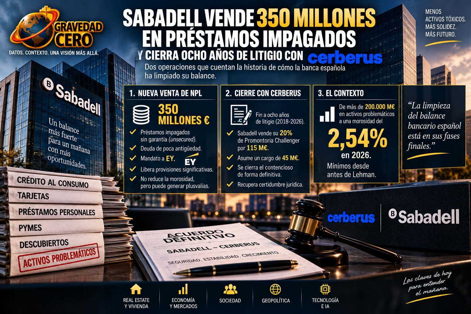 Sabadell vende 350 millones en préstamos impagados y cierra ocho años de litigio con Cerberus. Dos operaciones que cuentan la historia de cómo la banca española ha limpiado su balance