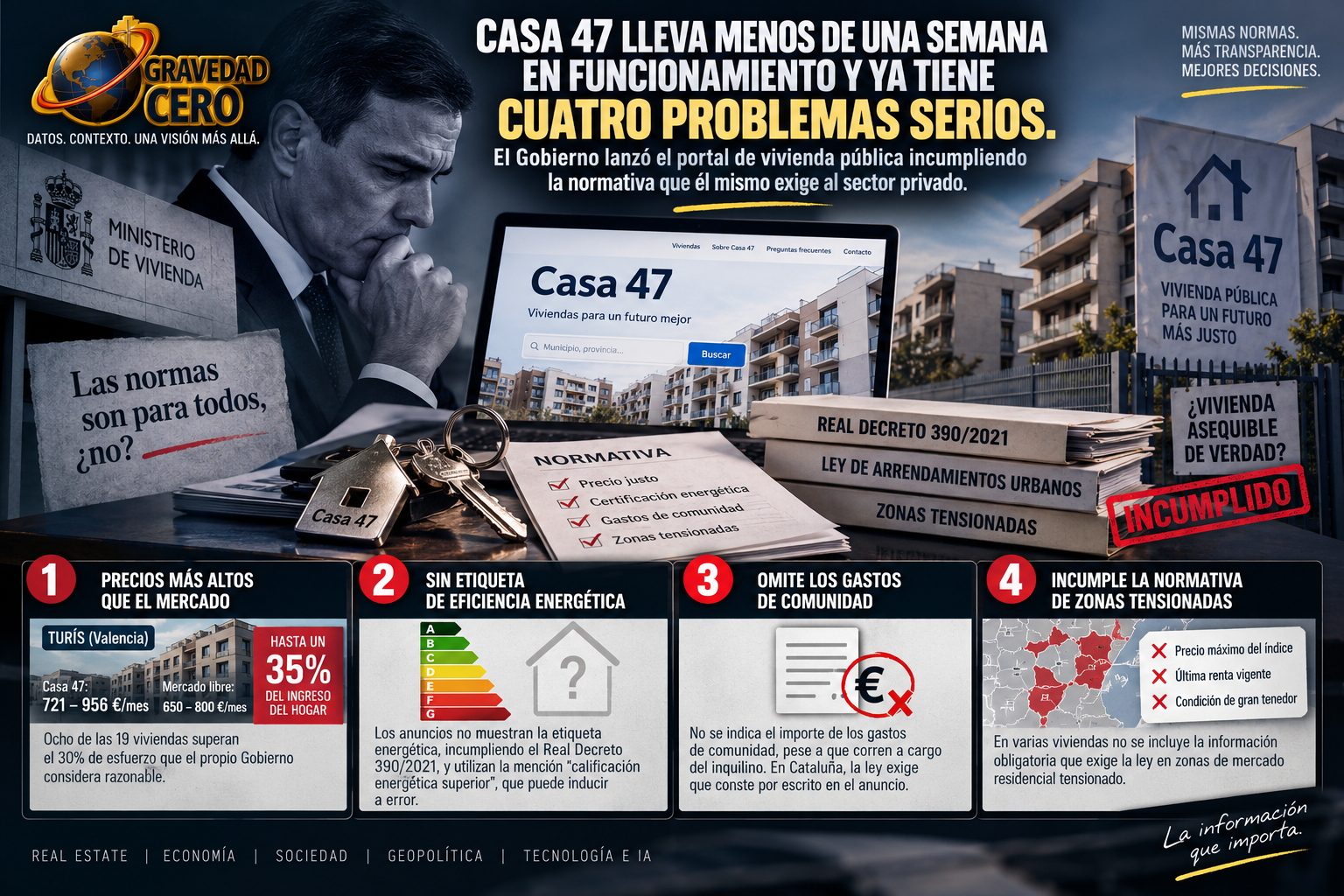 Casa 47 lleva menos de una semana en funcionamiento y ya tiene cuatro problemas serios. El Gobierno lanzó el portal de vivienda pública incumpliendo la normativa que él mismo exige al sector privado