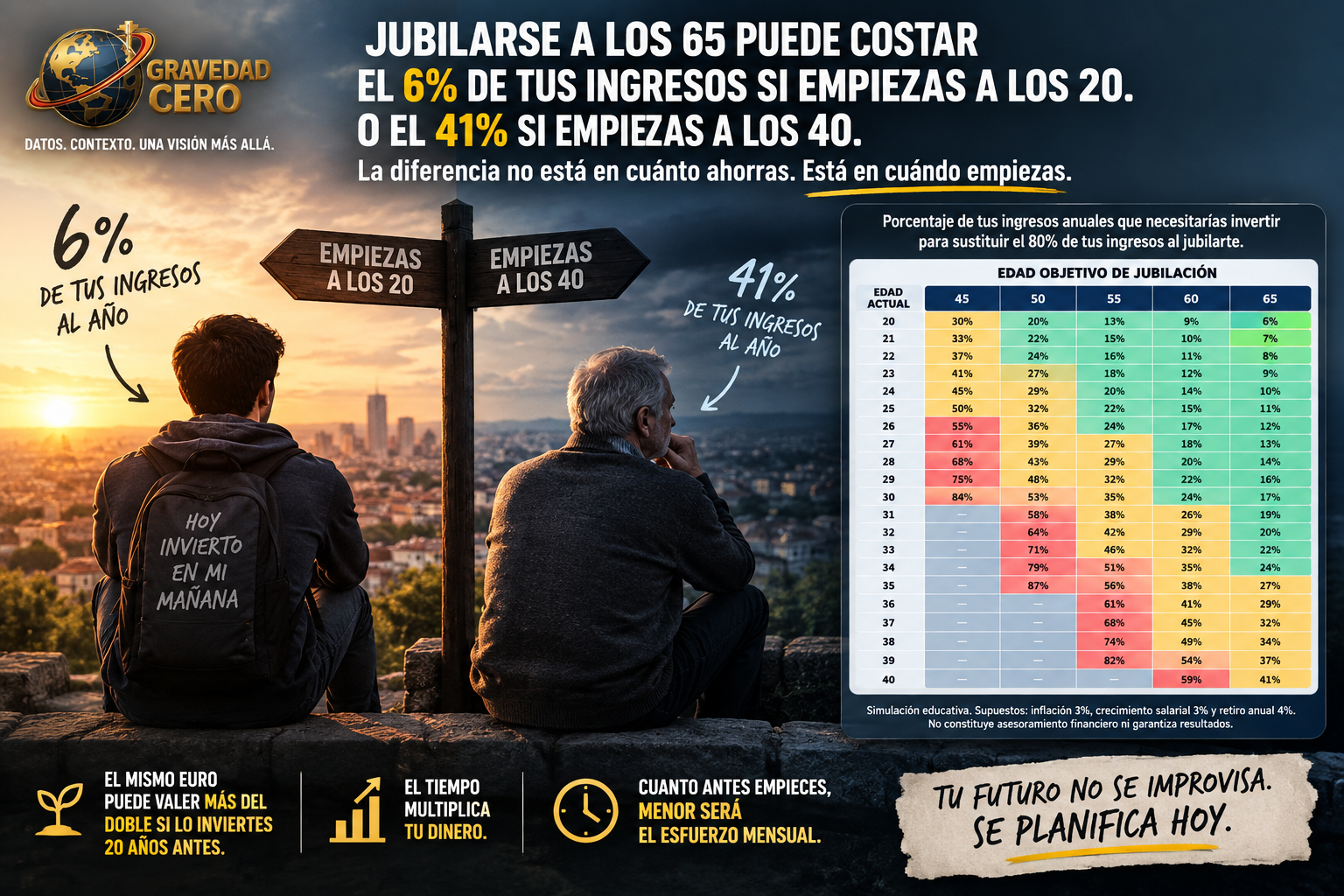 Jubilarse a los 65 puede costar el 6% de tus ingresos si empiezas a los 20. O el 41% si empiezas a los 40. La diferencia no está en cuánto ahorras. Está en cuándo empiezas