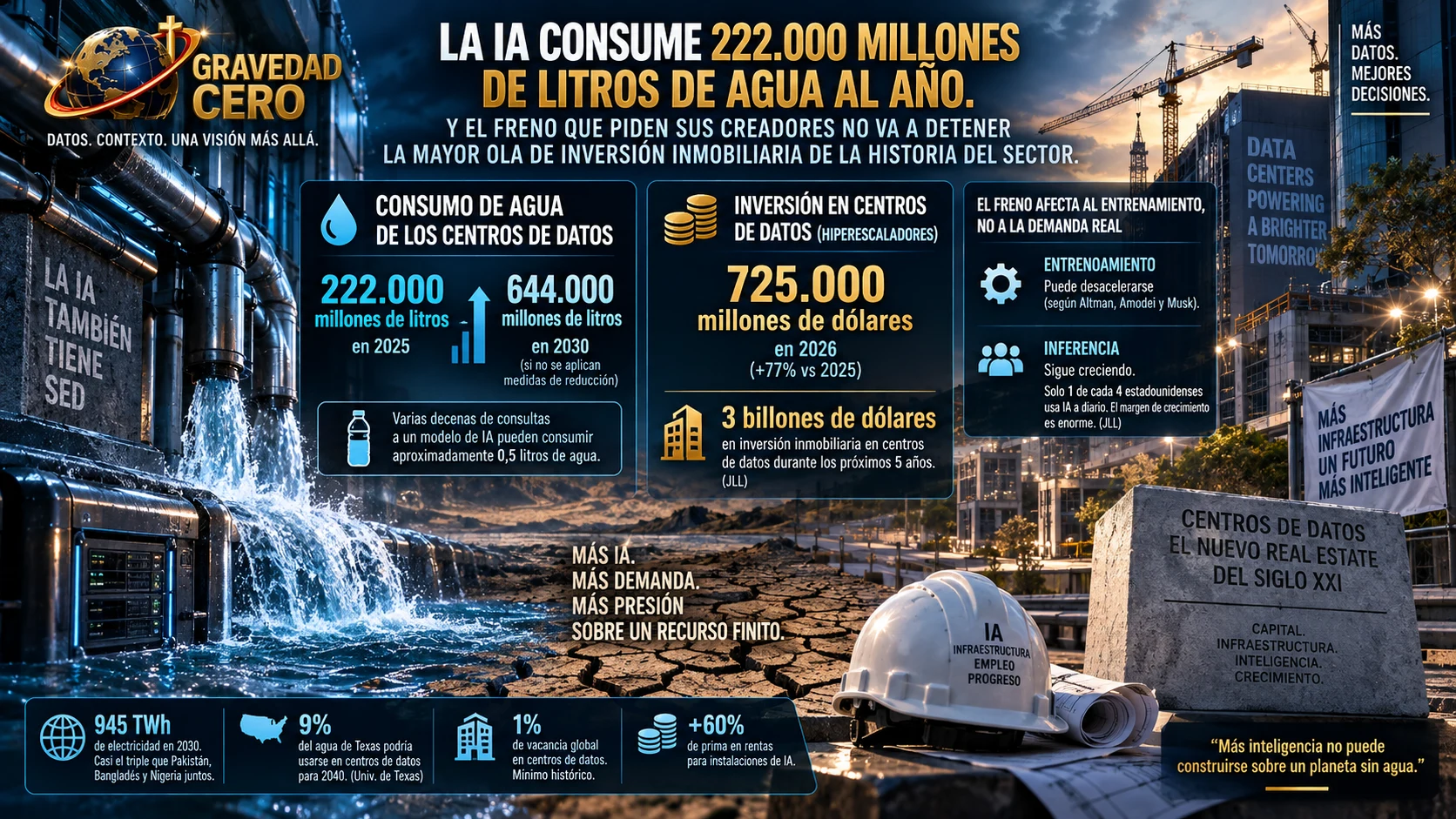 La IA consume 222.000 millones de litros de agua al año. Y el freno que piden sus creadores no va a detener la mayor ola de inversión inmobiliaria de la historia del sector