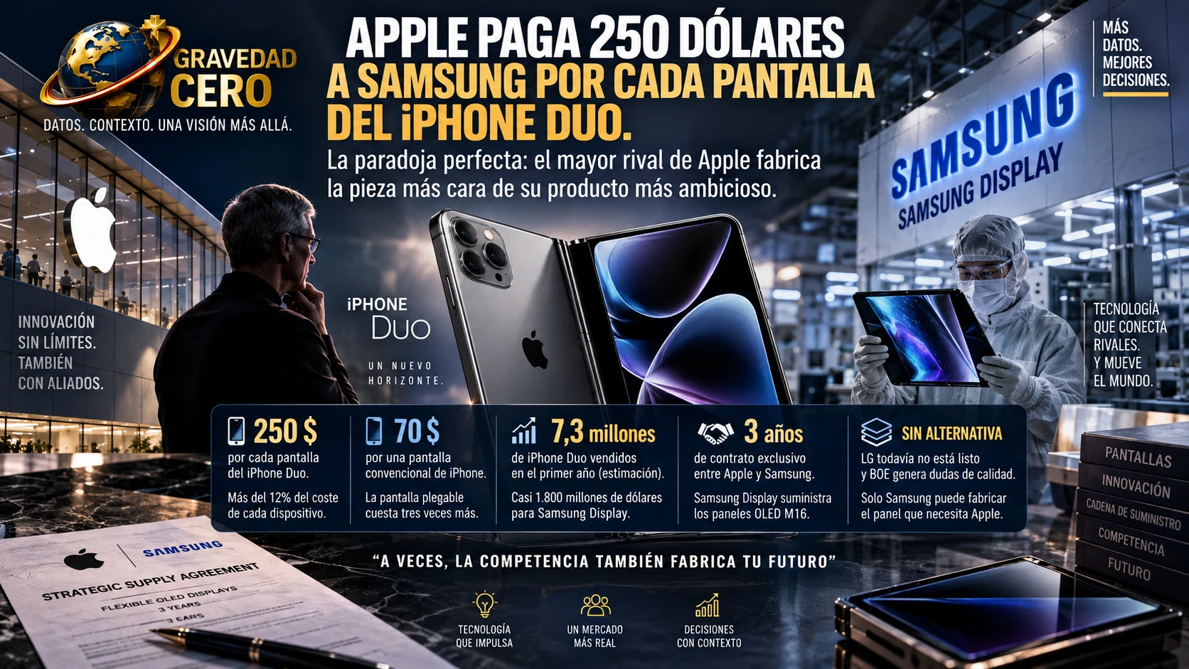 Apple paga 250 dólares a Samsung por cada pantalla del iPhone Duo. La paradoja perfecta: el mayor rival de Apple fabrica la pieza más cara de su producto más ambicioso