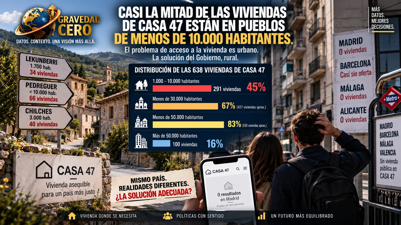 Casi la mitad de las viviendas de Casa 47 están en pueblos de menos de 10.000 habitantes. El problema de acceso a la vivienda es urbano. La solución del Gobierno, rural