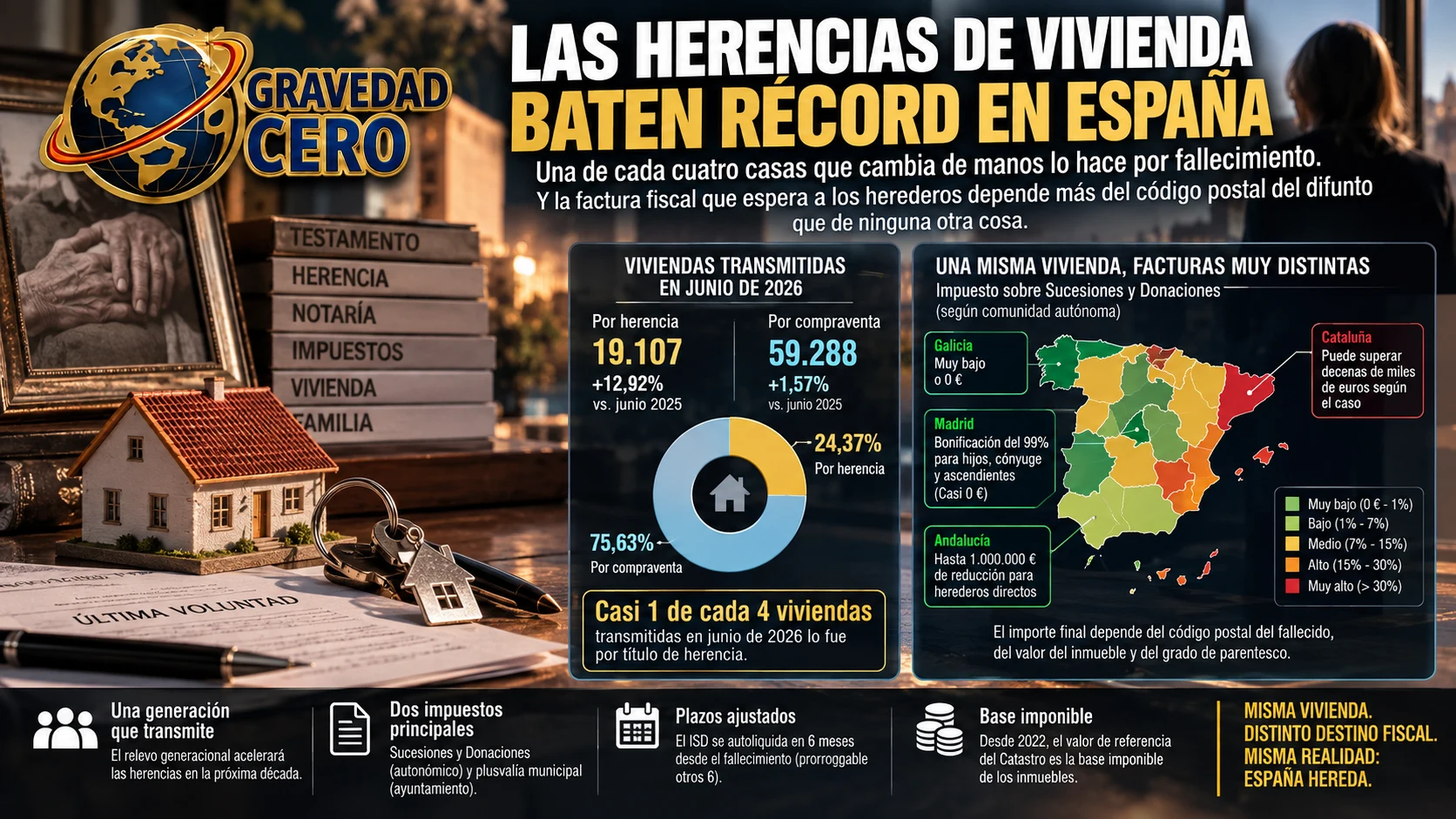 Las herencias de vivienda baten récord en España. Una de cada cuatro casas que cambia de manos lo hace por fallecimiento. Y la factura fiscal que espera a los herederos depende más del código postal del difunto que de ninguna otra cosa