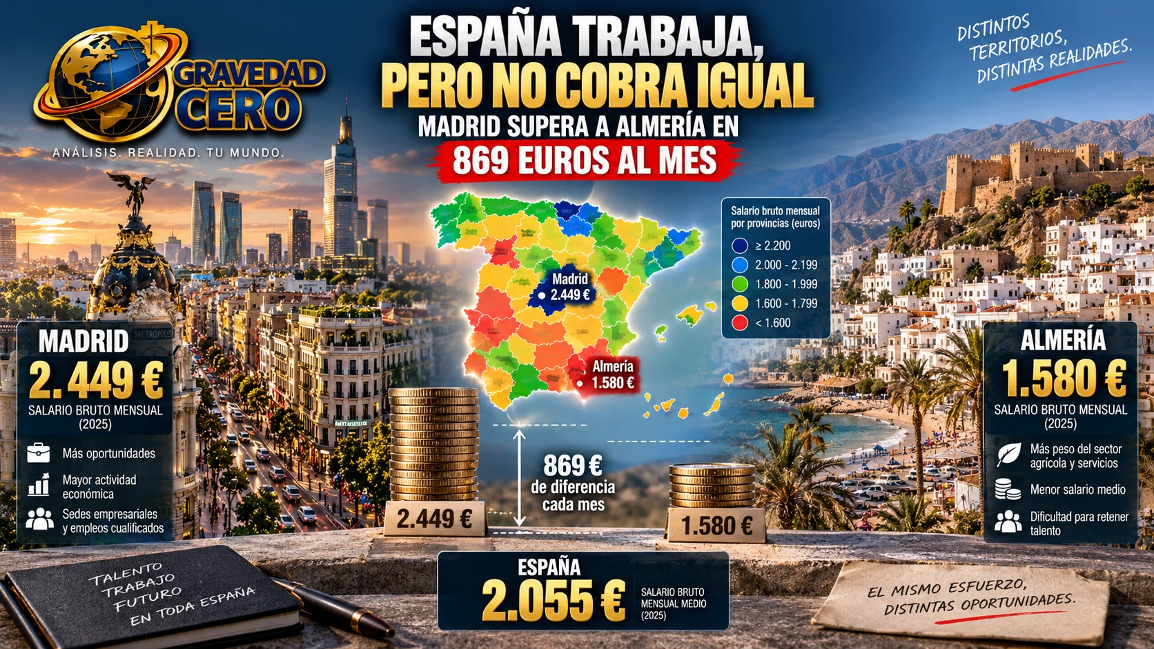España trabaja, pero no cobra igual: Madrid supera a Almería en 869 euros al mes