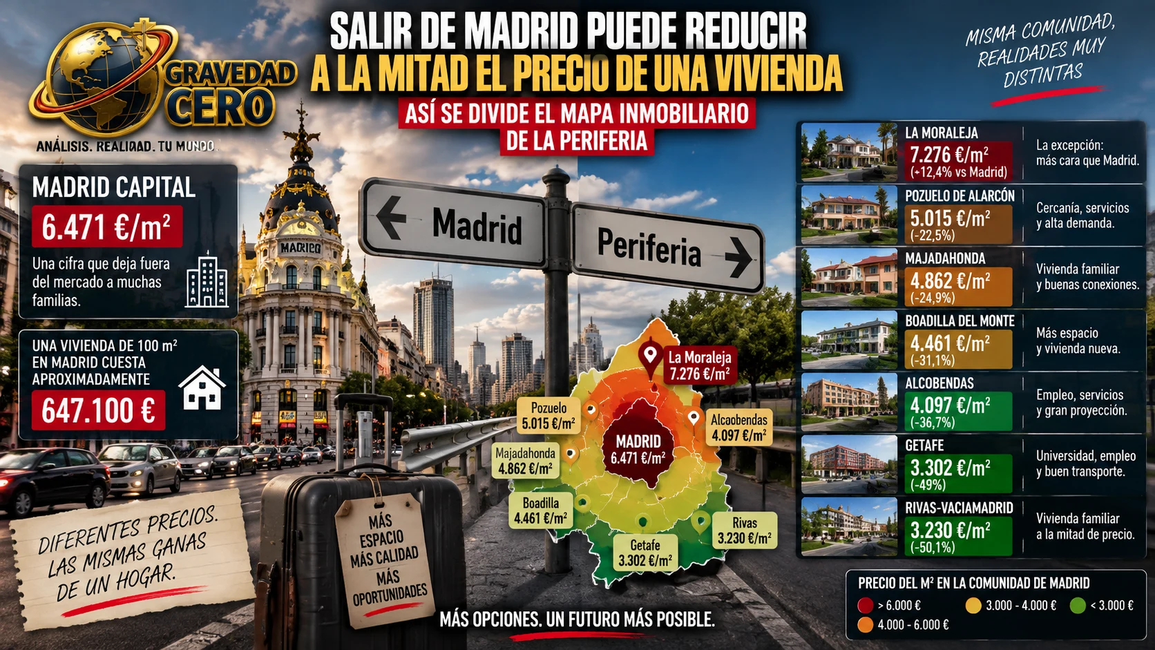 Salir de Madrid puede reducir a la mitad el precio de una vivienda: así se divide el mapa inmobiliario de la periferia