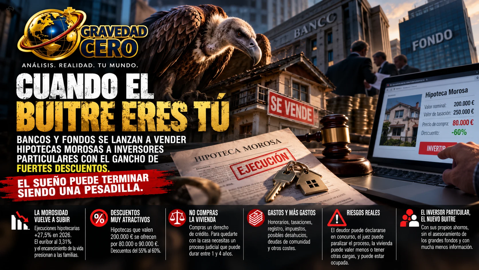 Cuando el buitre eres tú. Bancos y fondos se lanzan a vender hipotecas morosas a inversores particulares con el gancho de fuertes descuentos. El sueño puede terminar siendo una pesadilla