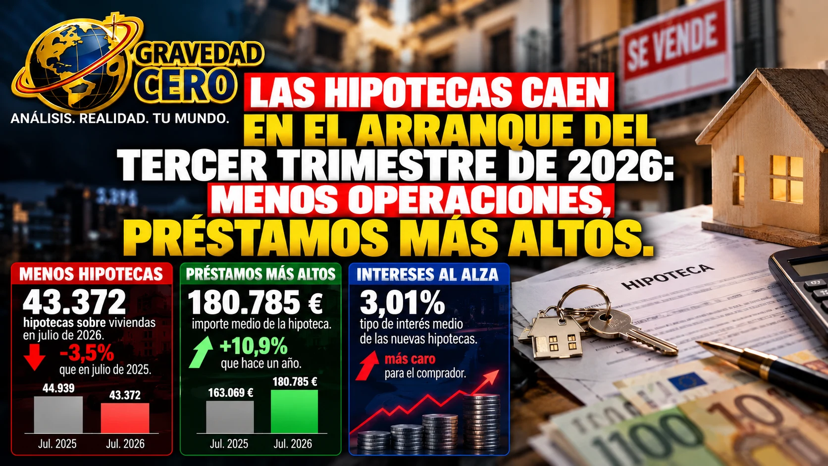 Las hipotecas caen en el arranque del tercer trimestre de 2026: menos operaciones, préstamos más altos