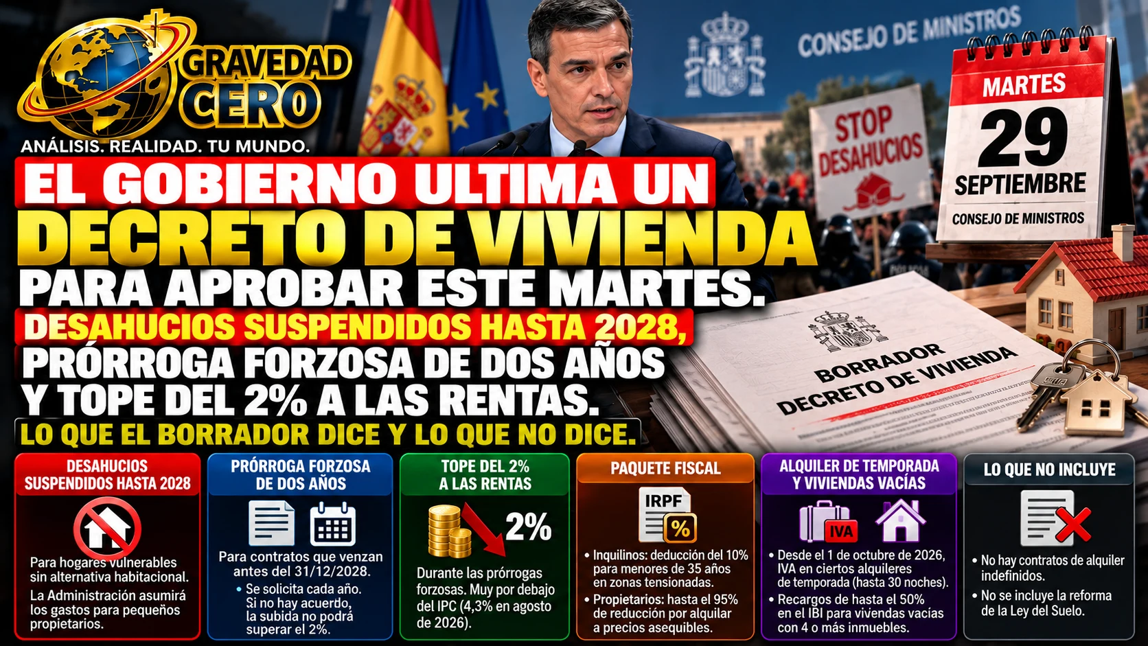 El Gobierno ultima un decreto de vivienda para aprobar este martes. Desahucios suspendidos hasta 2028, prórroga forzosa de dos años y tope del 2% a las rentas. Lo que el borrador dice y lo que no dice