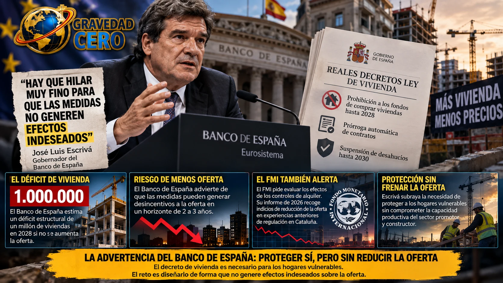 El Banco de España pide hilar fino en las medidas de vivienda para evitar efectos indeseados. El gobernador Escrivá advierte el mismo día que el Gobierno aprueba el decreto.