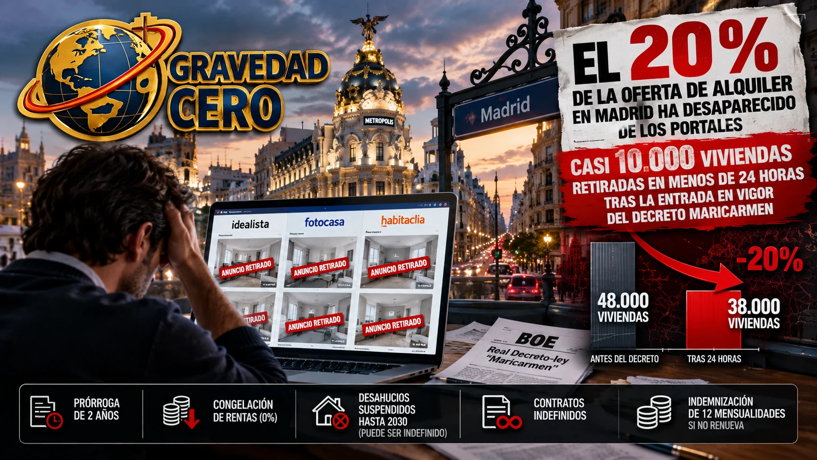 El 20% de la oferta de alquiler en Madrid ha desaparecido de los portales. Casi 10.000 viviendas retiradas en menos de 24 horas tras la entrada en vigor del decreto Maricarmen