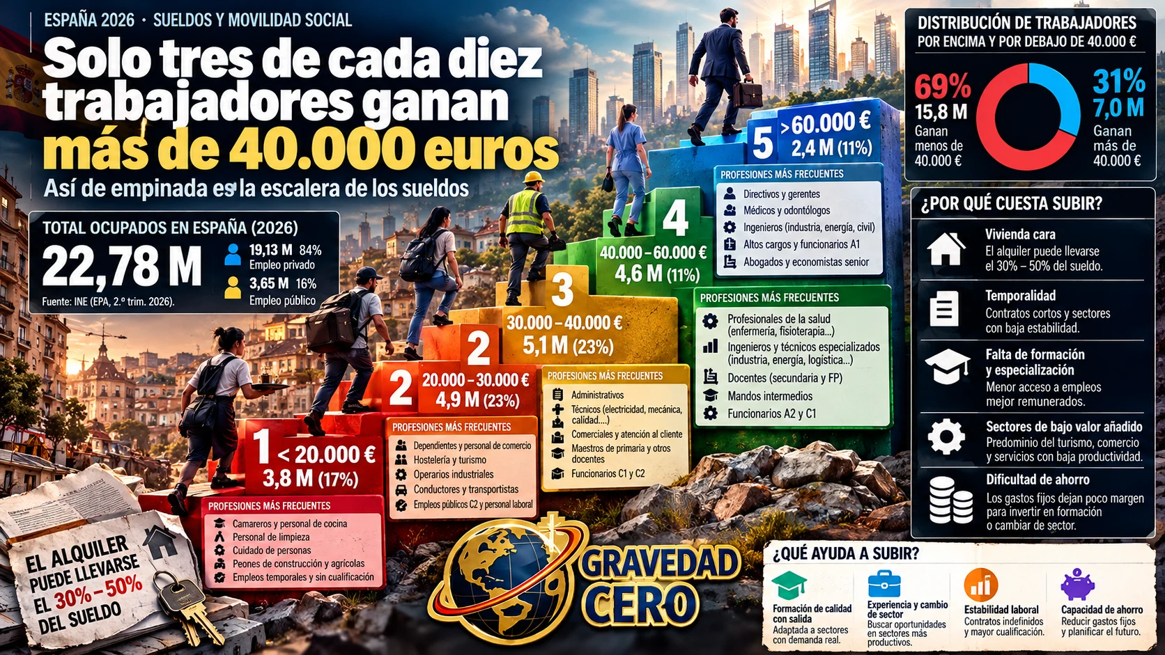 Solo tres de cada diez trabajadores en España ganan más de 40.000 euros: así de empinada es la escalera de los sueldos